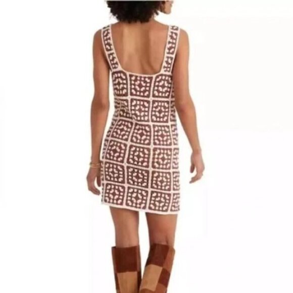 MARINE LAYER Women's Celeste Crochet Mini Dress Brown White Square Neck Med NWT - Picture 2 of 16